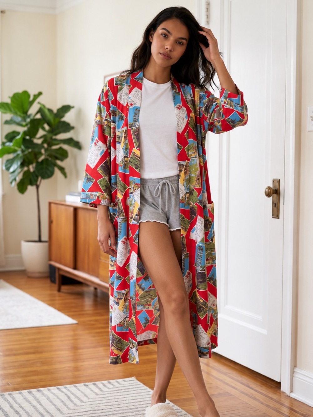 Vintage Perry Ellis Travel Postcard Print Kimono Robe 100% Cotton OSFA Belted